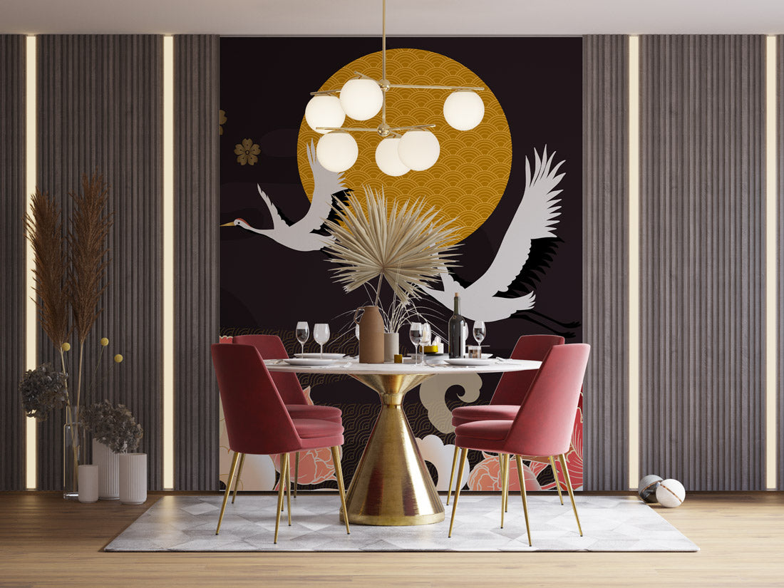 Midnight Cranes & Blossoms Mural Wallpaper in dining room