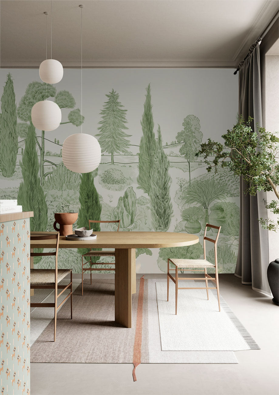 Green Botanical Landscape Illustrated Wallpaper in dining room