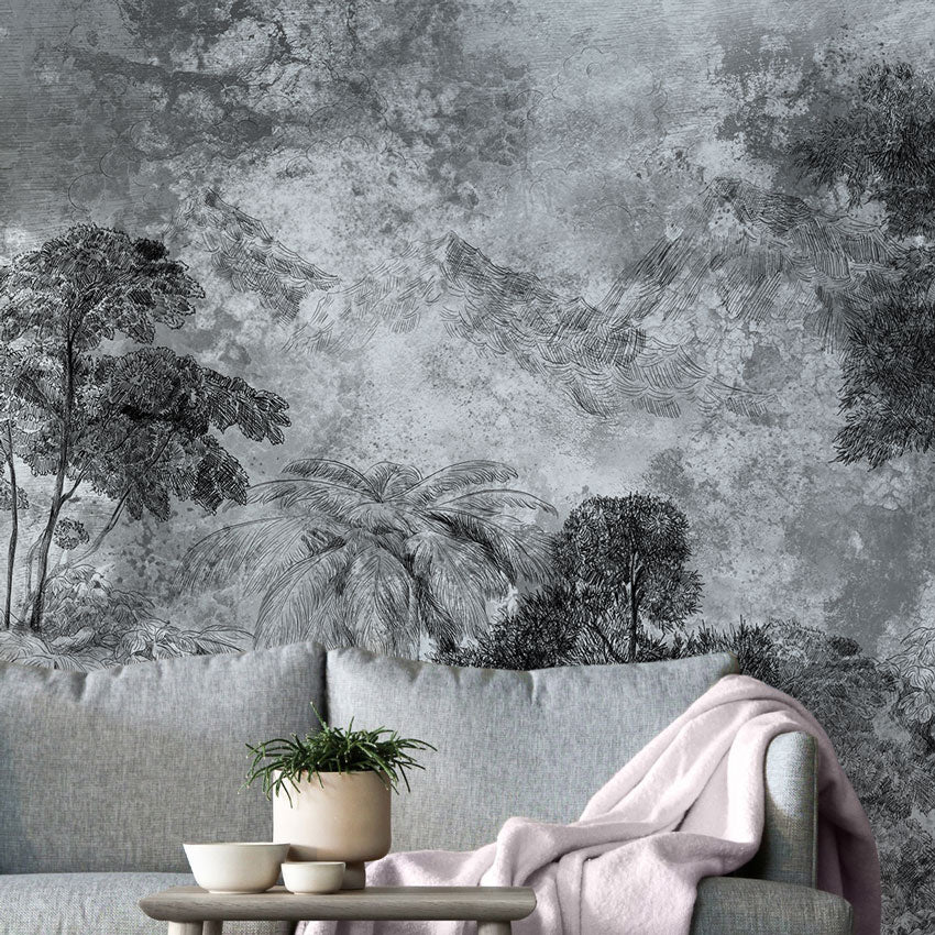 Monochrome Forest Landscape Wall Mural in living room