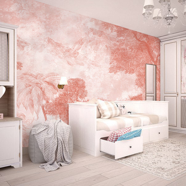 Vintage Tropical Peach Jungle Forest Mural Wallpaper in bedroom