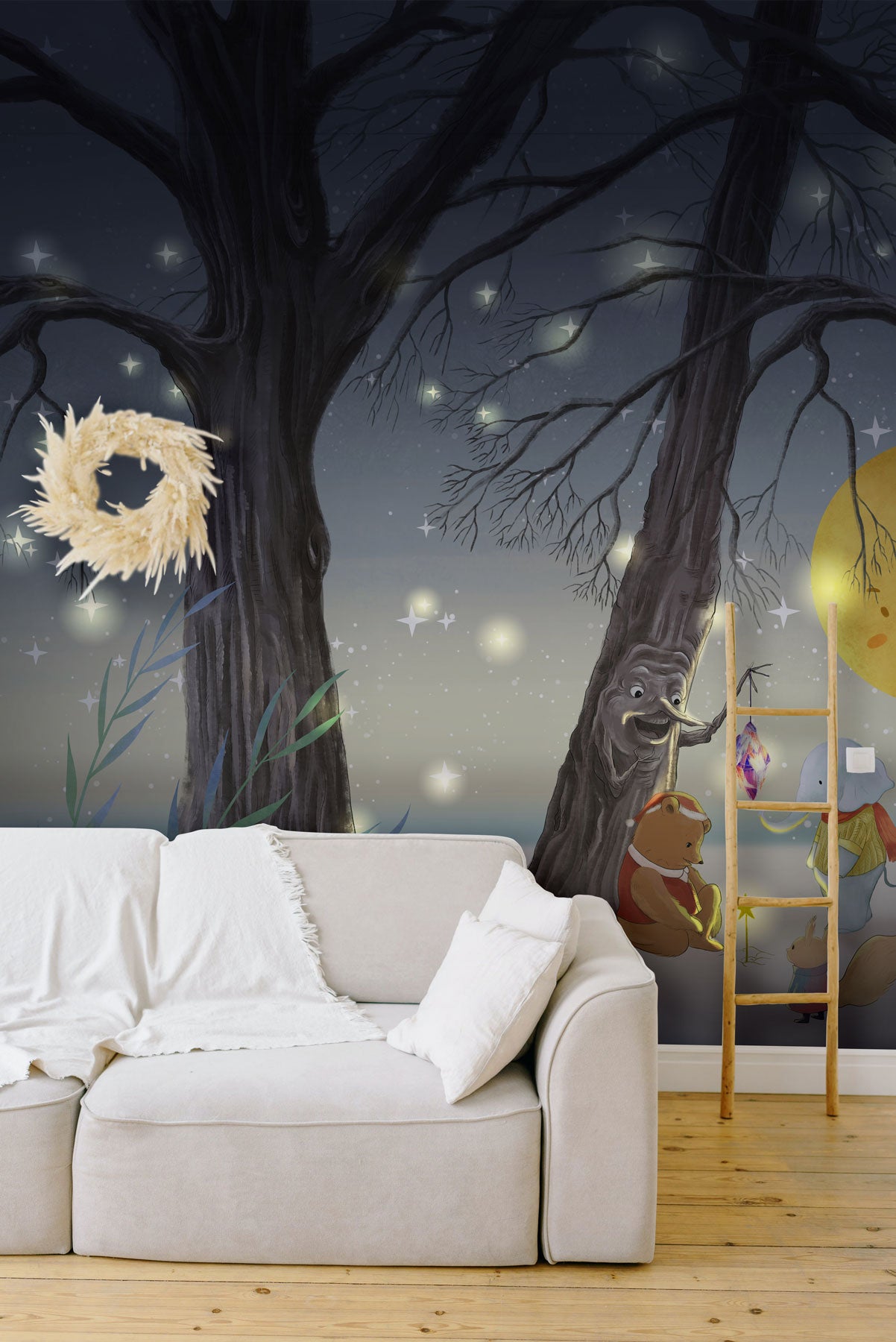 Whimsical Forest Nighttime Animal Adventure in living room