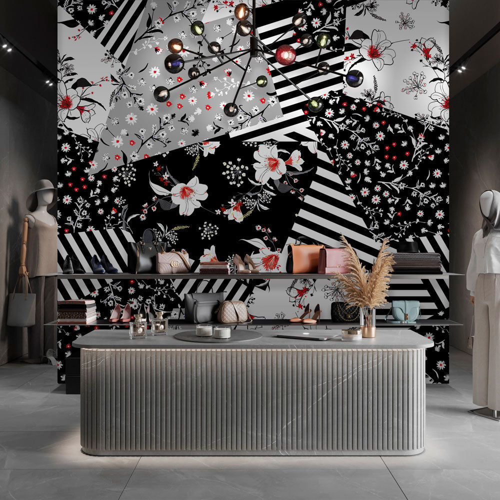 Monochrome Floral Patchwork Wallpaper