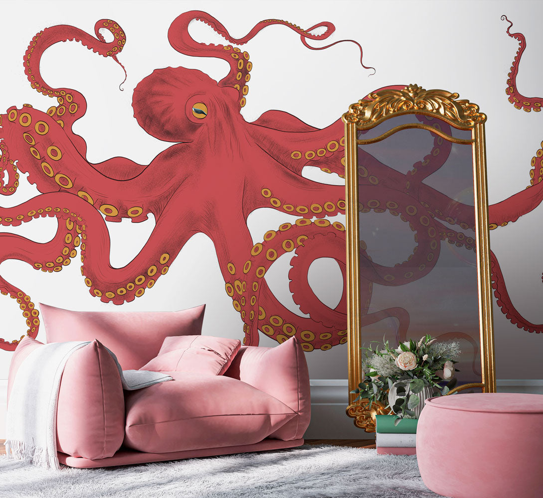 Vibrant Red Octopus Sea Life Wallpaper in living room