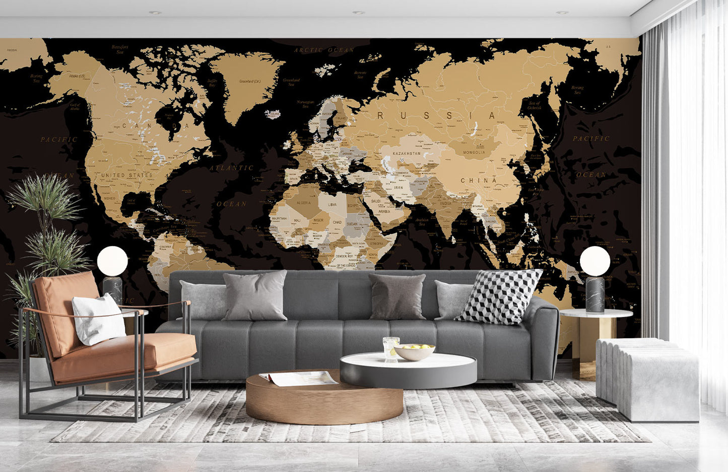 Elegant World Map Wall Wallpaper in living room