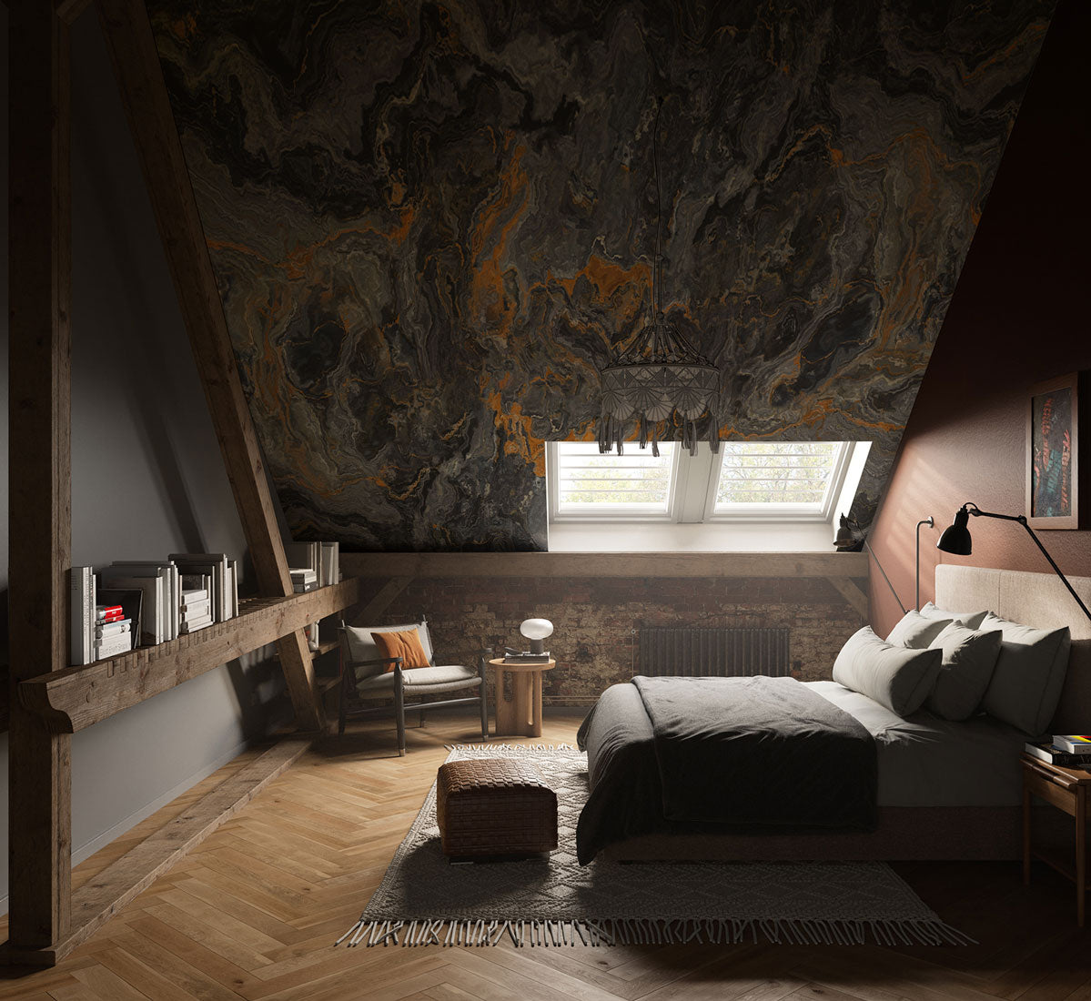 Midnight Gold Marble Mural Wallpaper in bedroom