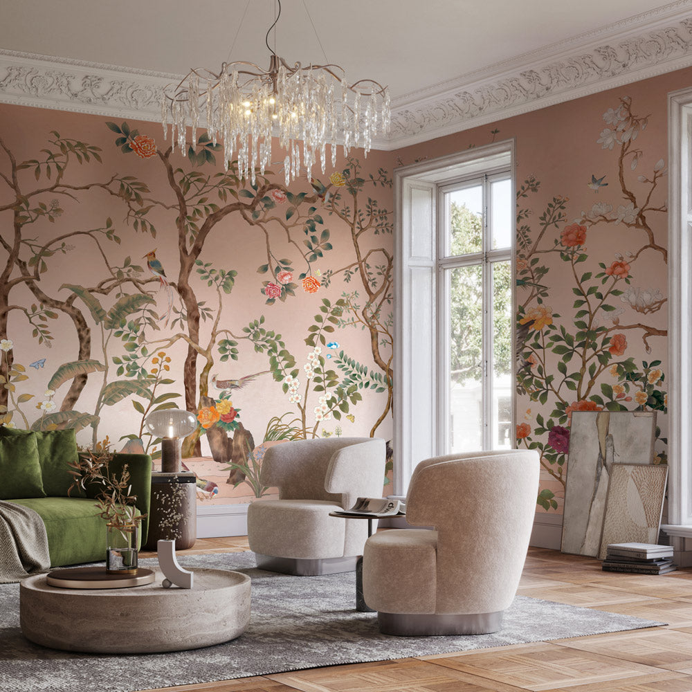 Peach Blossom Paradise Mural Wallpaper in living room