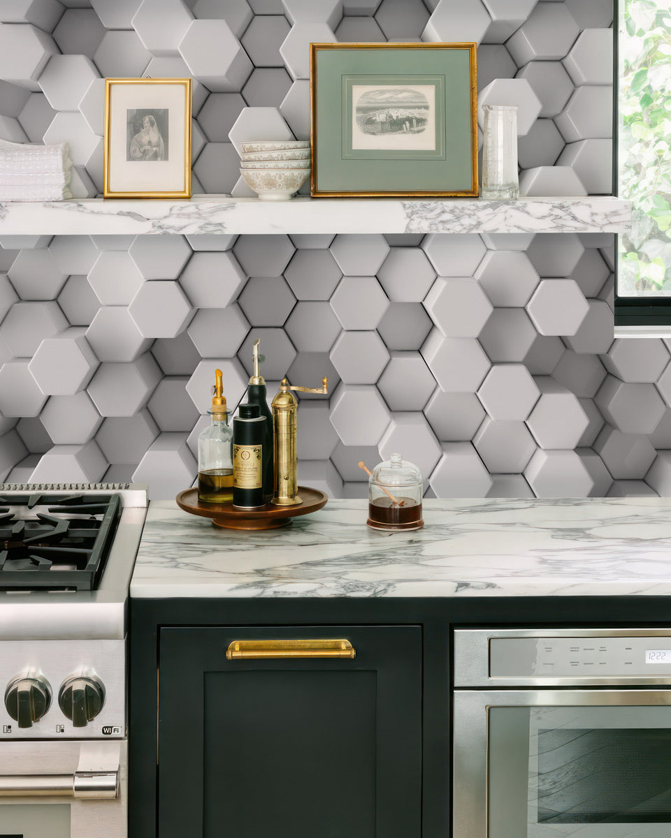 Chic Hexagonal Harmony Mural Wallpaper in kitchen