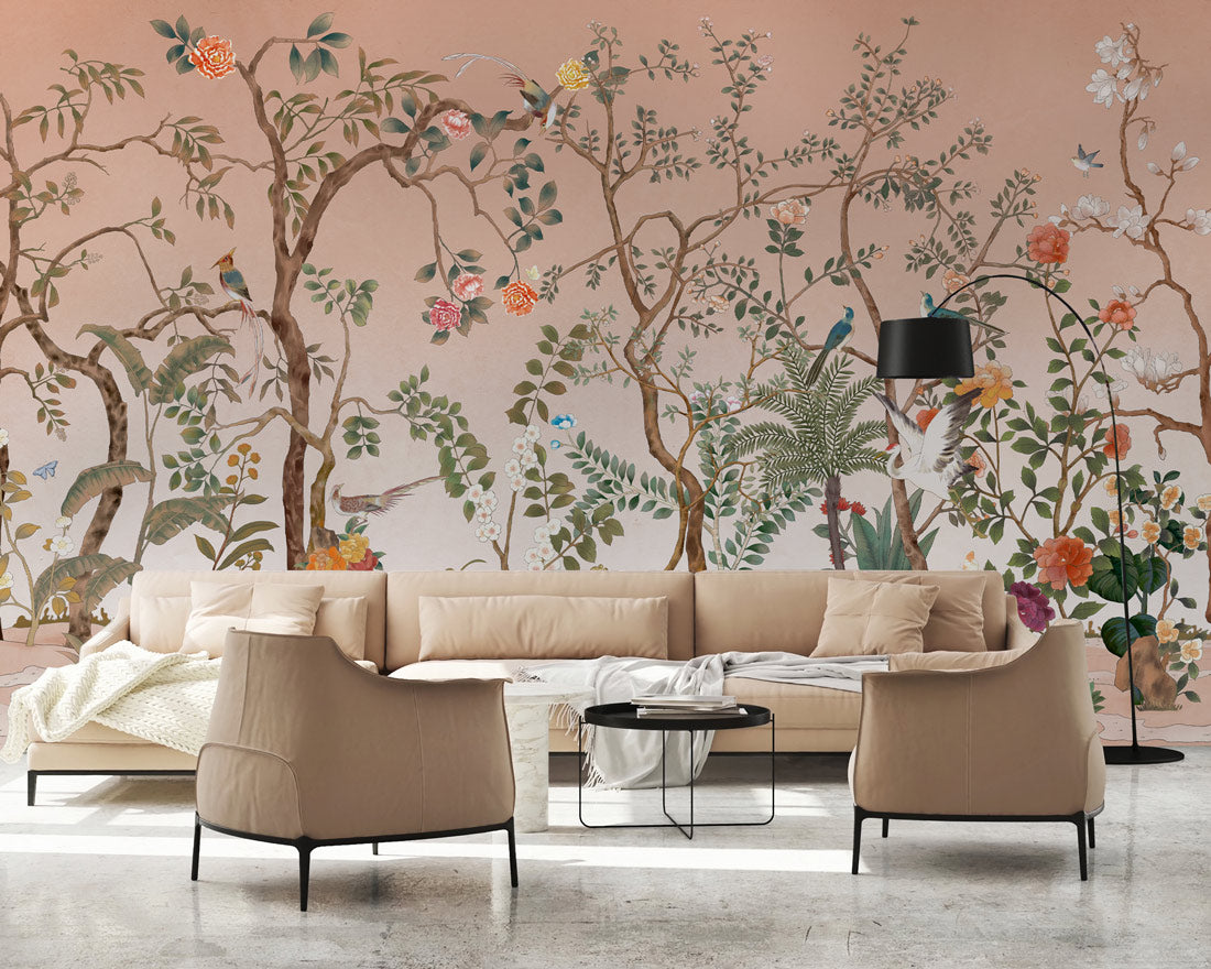 Peach Blossom Paradise Mural Wallpaper in living room