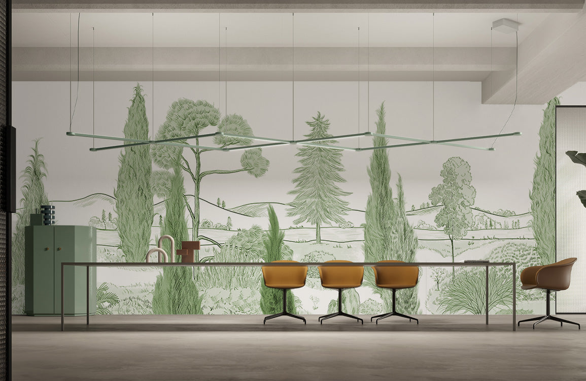 Green Botanical Landscape Illustrated Wallpaper in meeting room