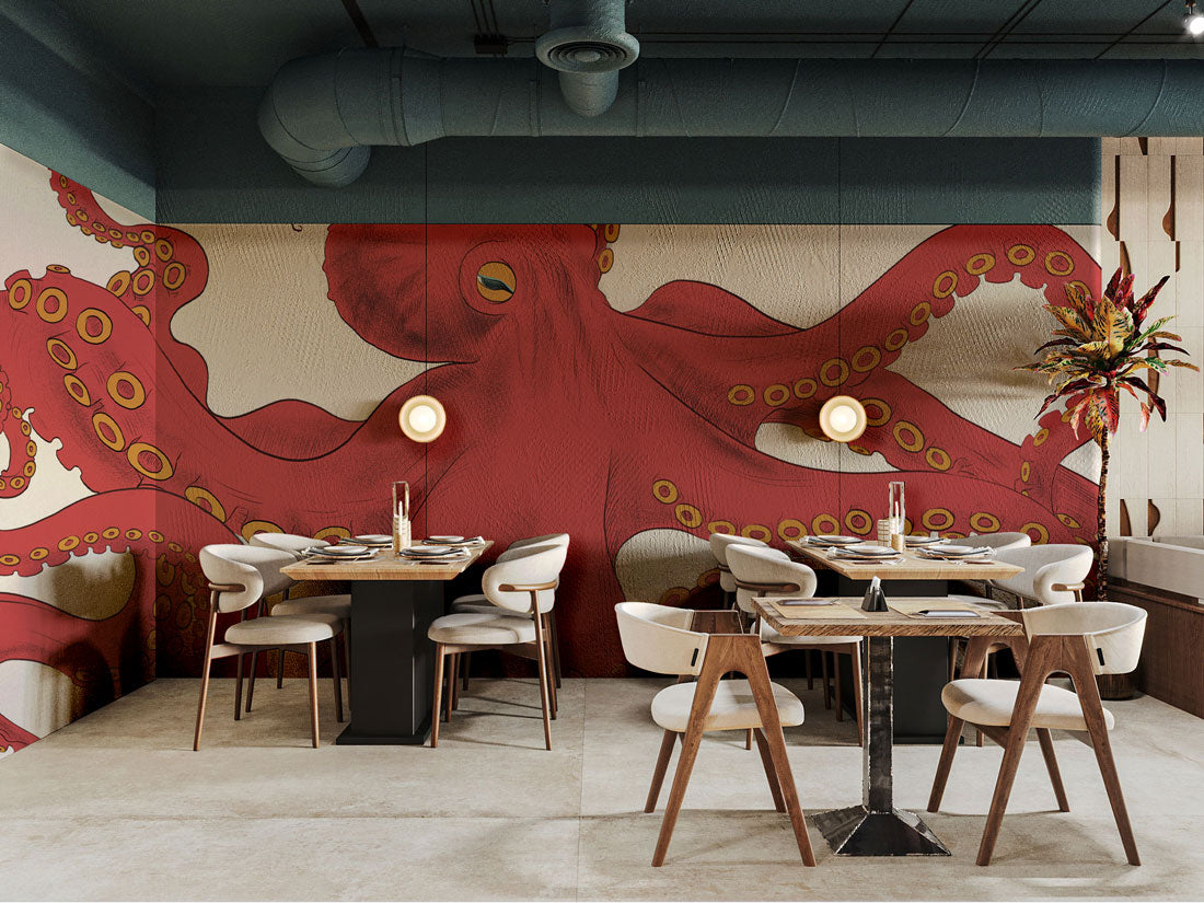 Vibrant Red Octopus Sea Life Wallpaper in dining area