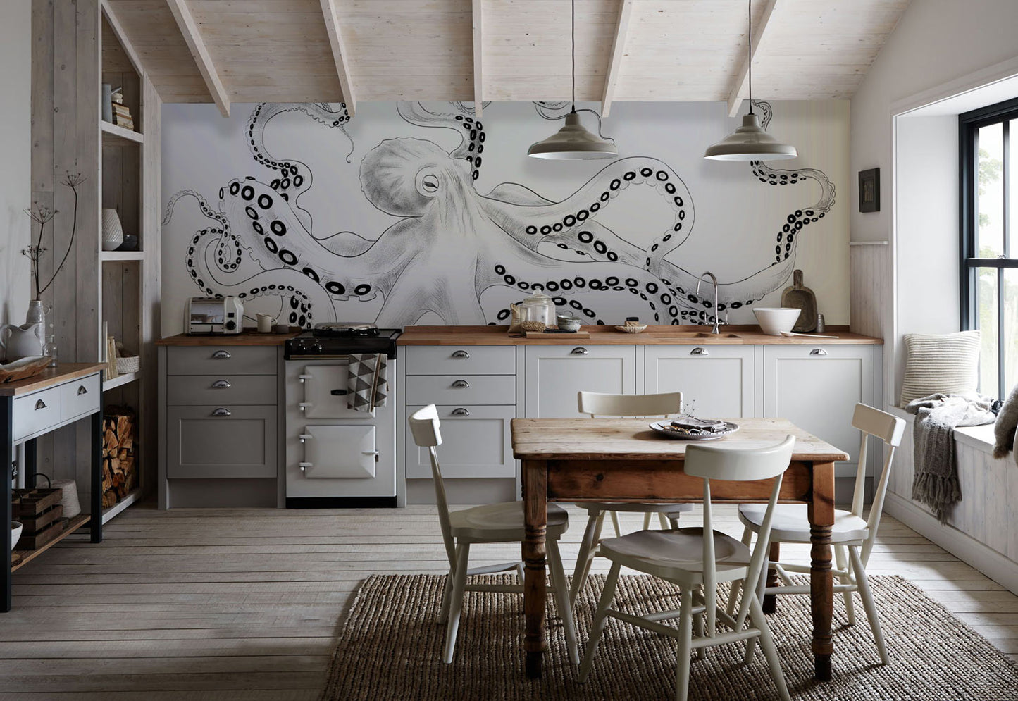 Nautical Black White Octopus Wallpaper in kitchen