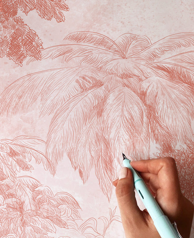 Vintage Tropical Peach Jungle Forest Mural Wallpaper