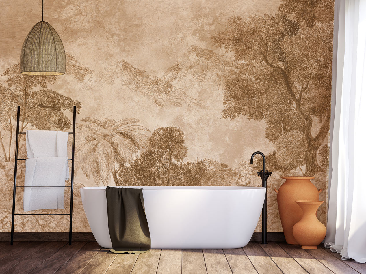Vintage Botanical Jungle Forest Wallpaper in bathroom