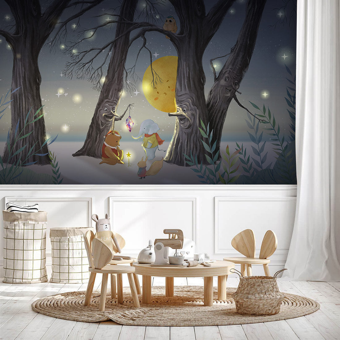 Whimsical Forest Nighttime Animal Adventure in children's room