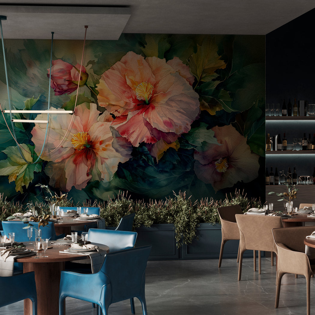 Elegant Tropical Large Floral Wallpaper in dining area