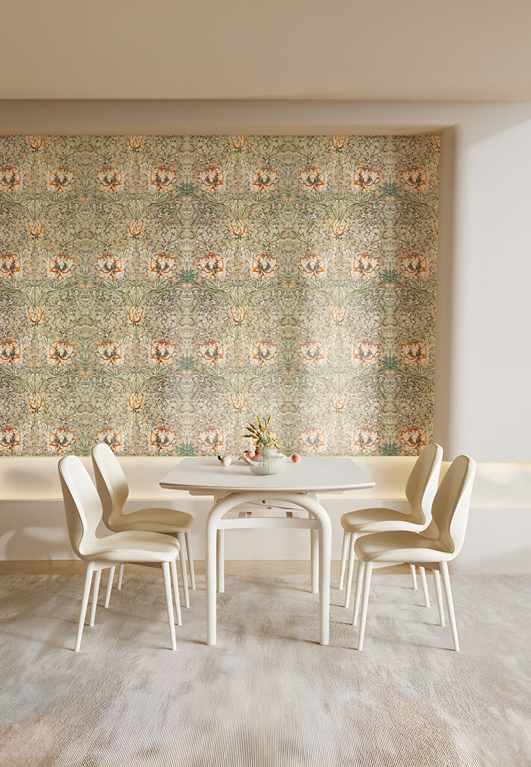 Antique Floral Tapestry Mural Wallpaper in dining room