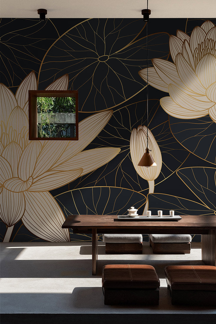 Golden Lotus Elegance Mural Wallpaper