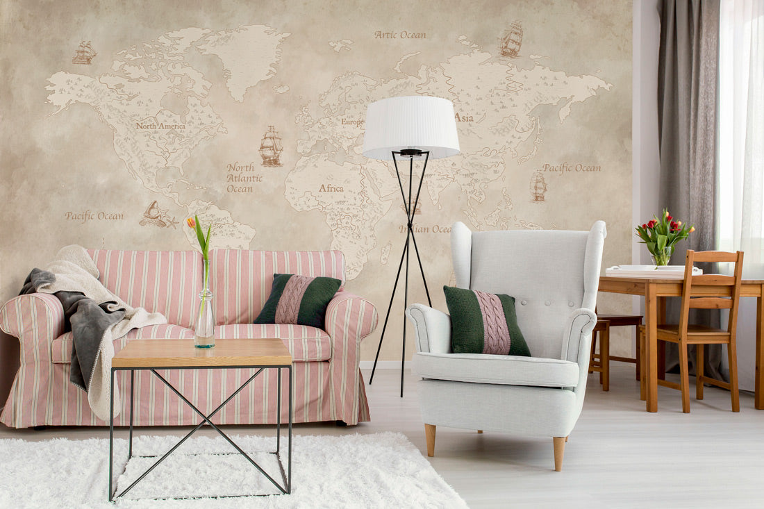 Vintage World Map Nautical Wallpaper in living room