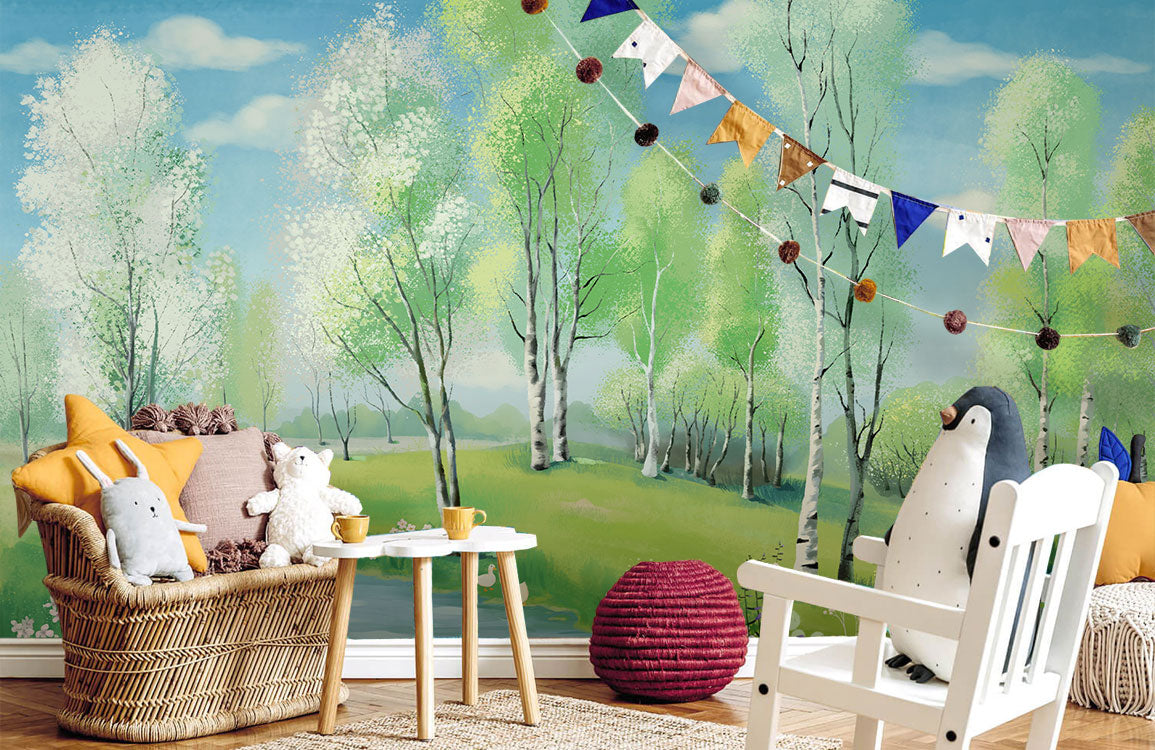 Serene Birch Tree Forest Mural Wallpaper in playroom