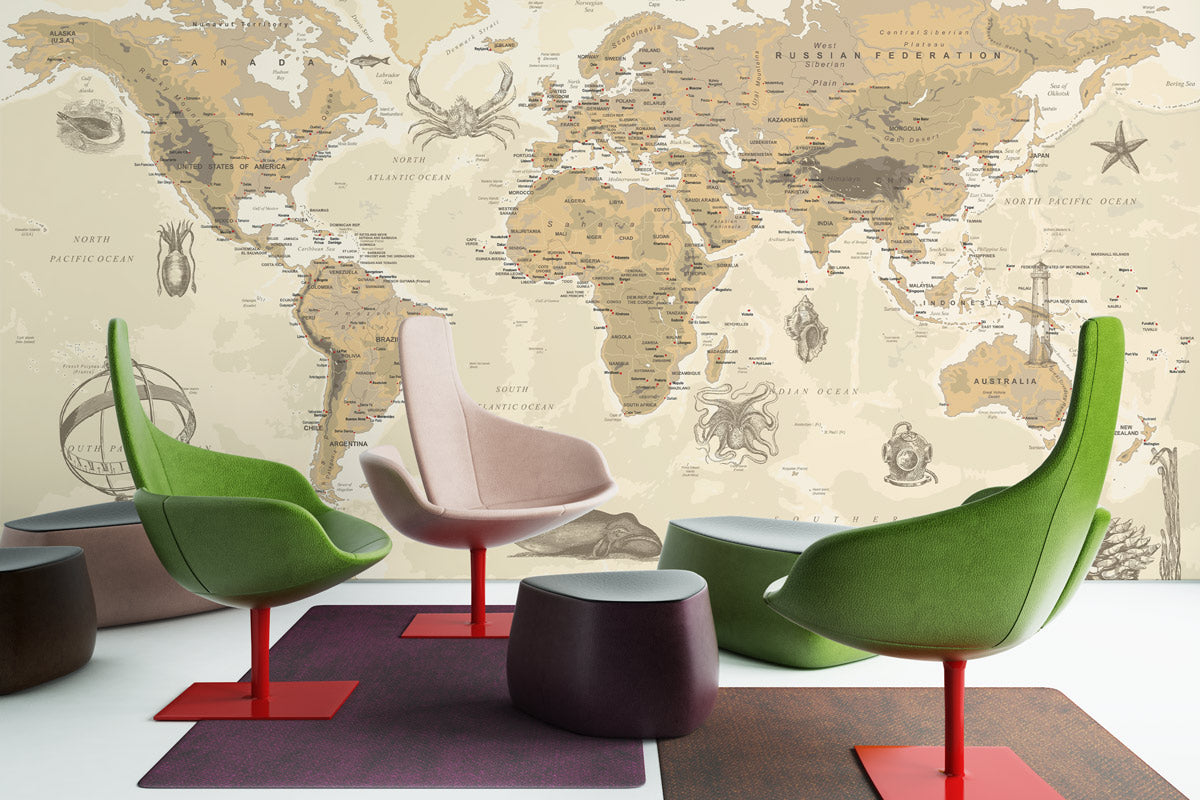 Beige World Map Vintage Wallpaper in office