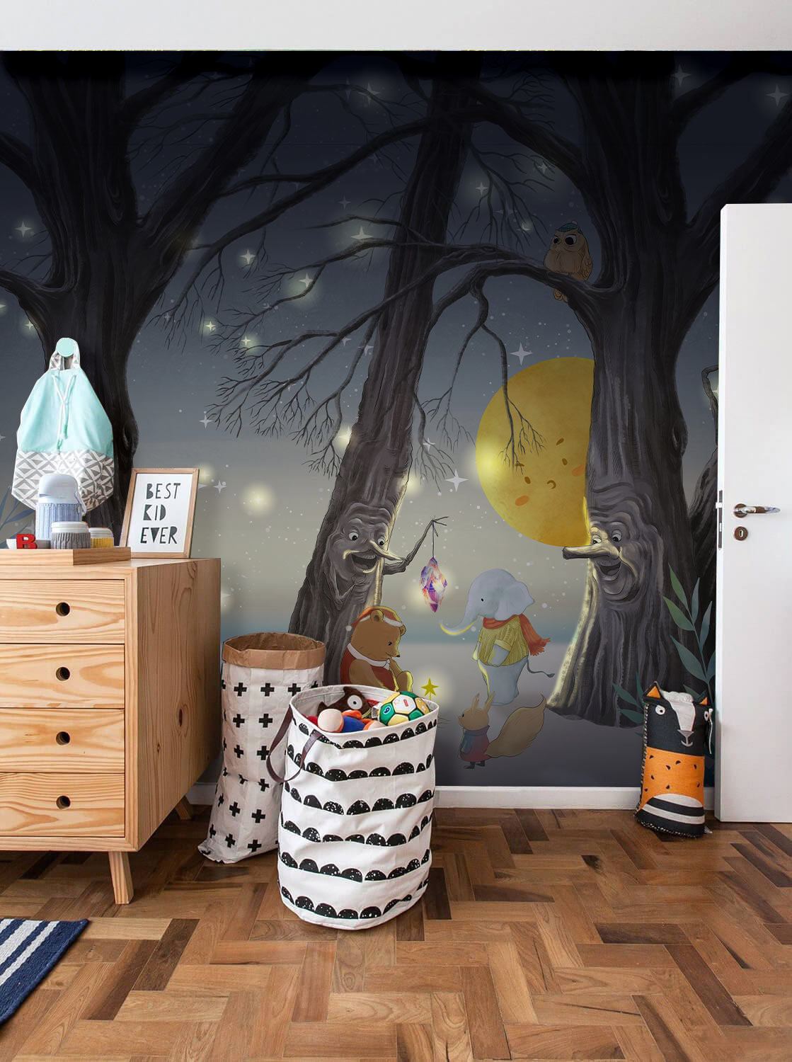Whimsical Forest Nighttime Animal Adventure in children's room