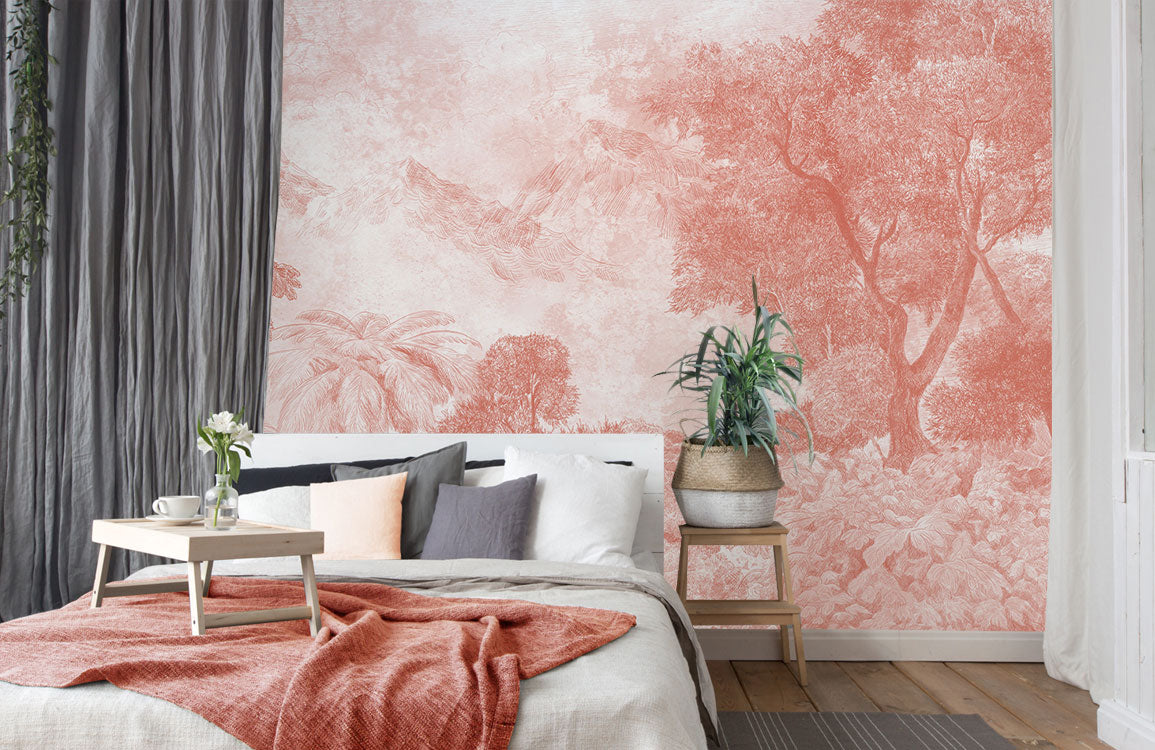 Vintage Tropical Peach Jungle Forest Mural Wallpaper in bedroom