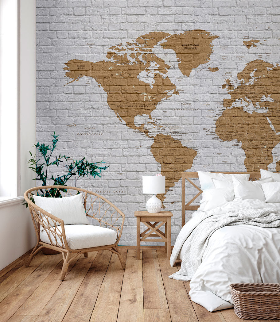 World Map Brick Wall Wallpaper in bedroom