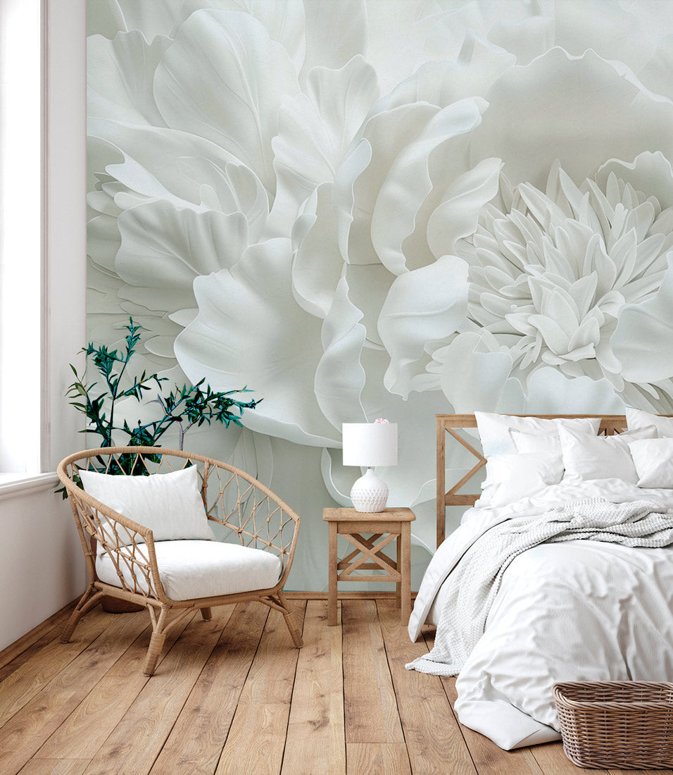 White Floral Elegance Mural Wallpaper in bedroom