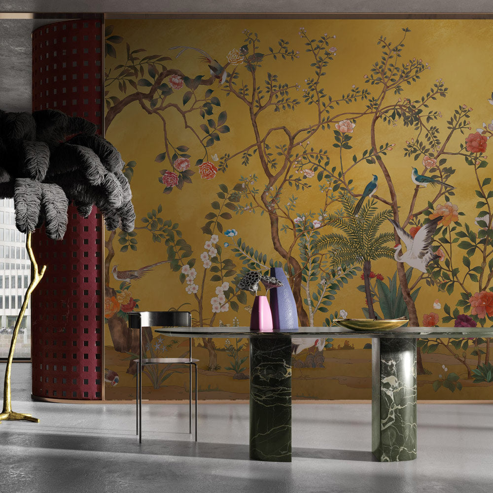 Golden Garden Serenade Mural Wallpaper in dining room