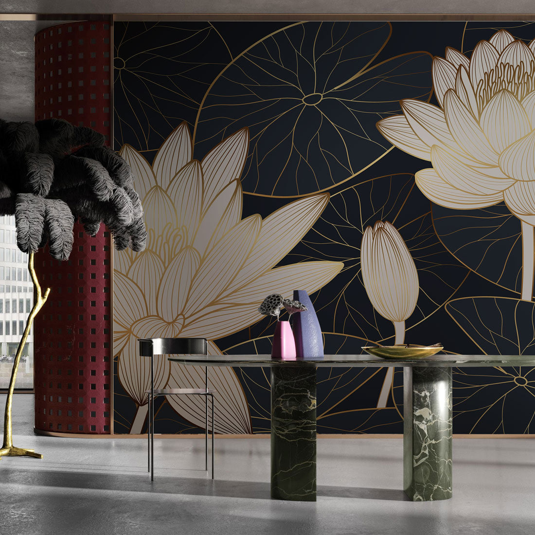 Golden Lotus Elegance Mural Wallpaper