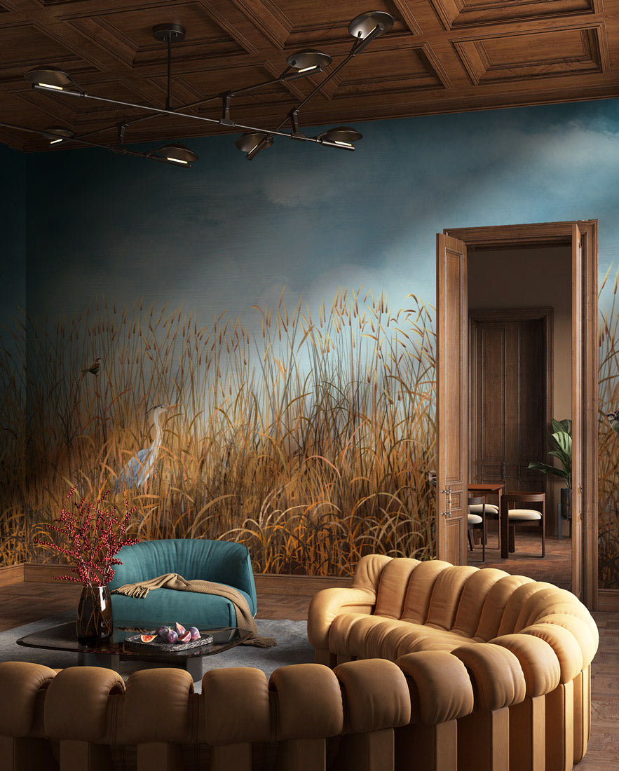 Tranquil Reeds Nature Landscape Mural in living room