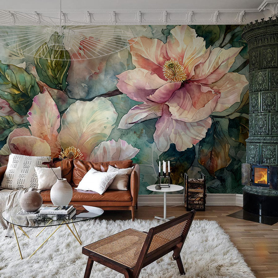 Elegant Watercolor Floral Art Wallpaper in living room