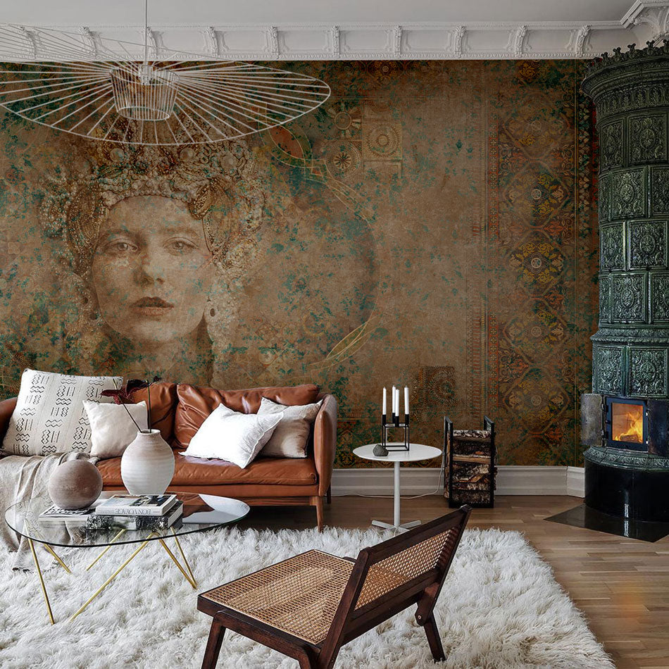 Vintage Queen Portrait Textured Wallpaper in living room