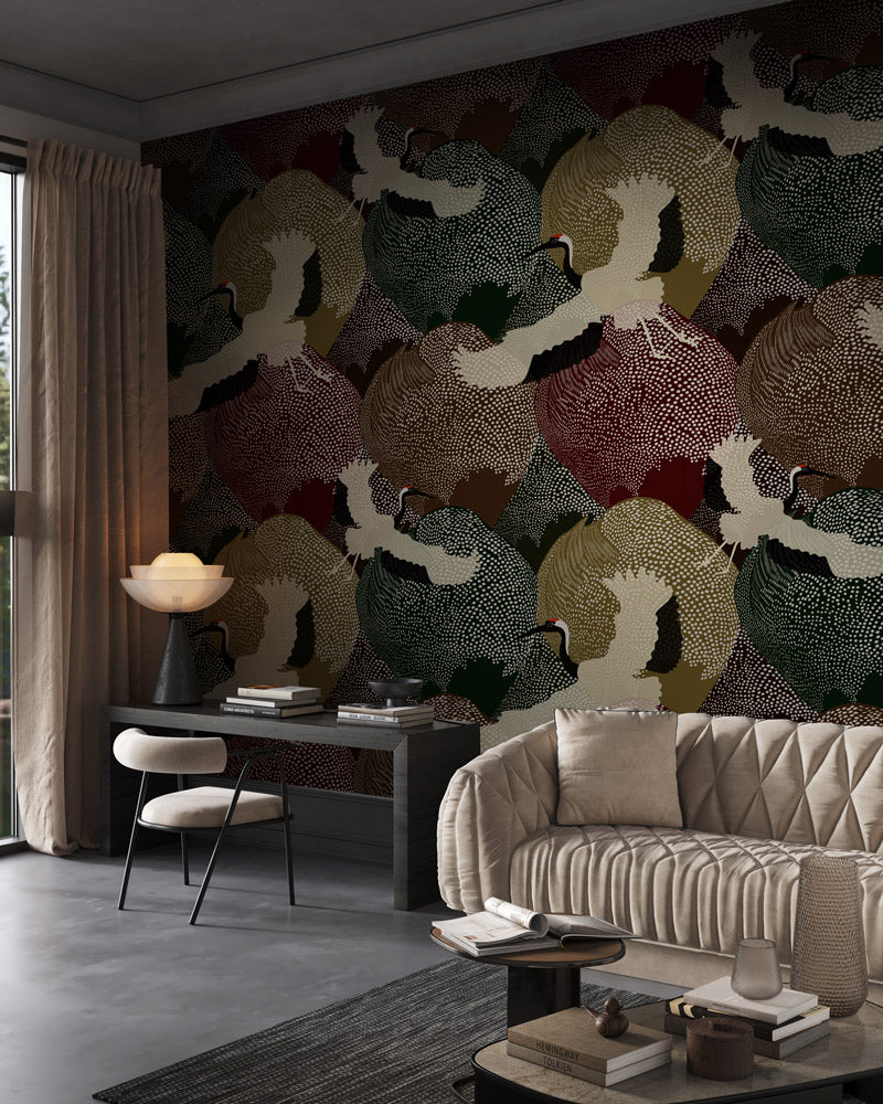 Cranes Over Peaks Mural Wallpaper in living room