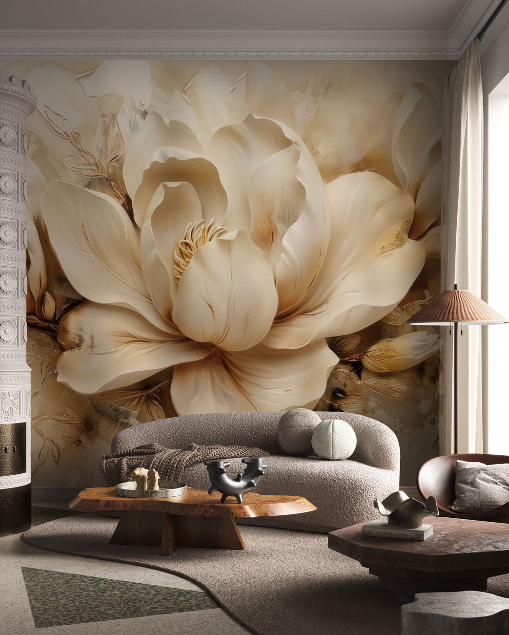 Warm Floral Serenity Mural Wallpaper in living room