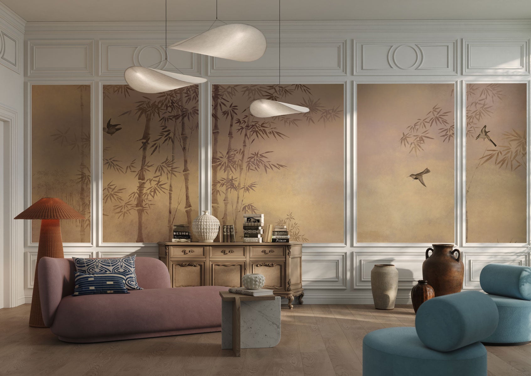 Golden Bamboo Forest Mural Wallpaper in living room