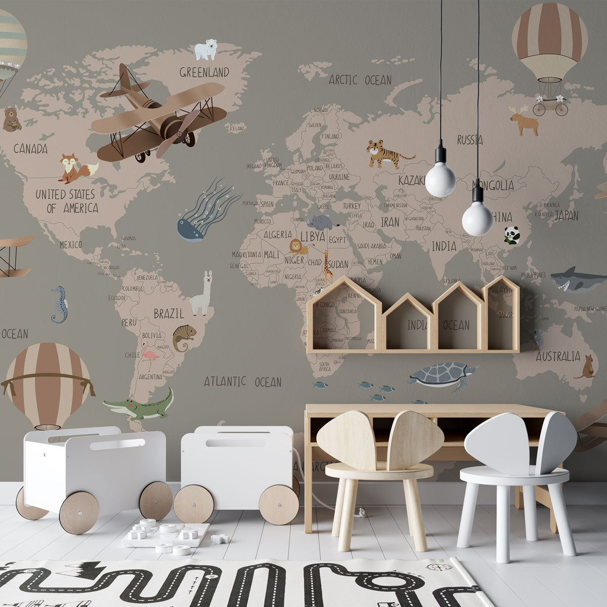 Vintage World Map Adventure Mural Wallpaper in playroom