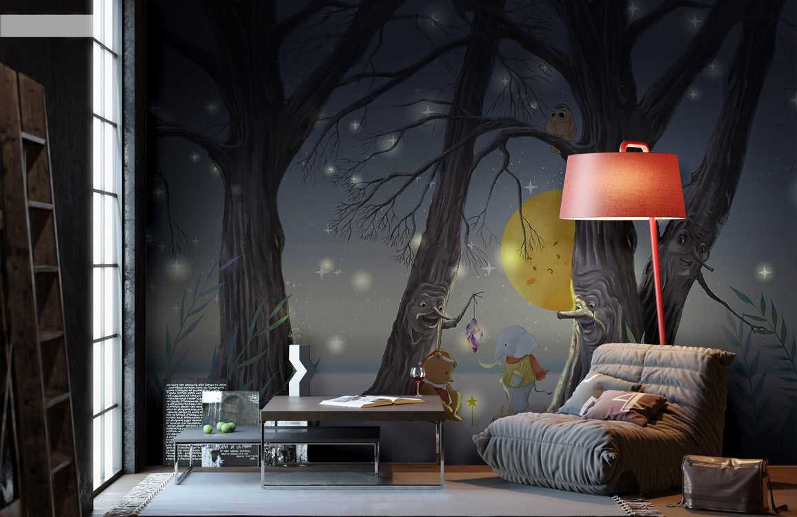 Whimsical Forest Nighttime Animal Adventure in living room