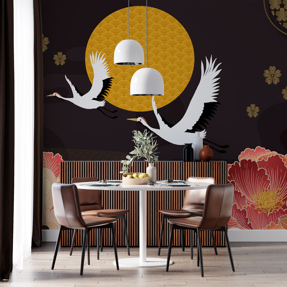 Midnight Cranes & Blossoms Mural Wallpaper in dining room