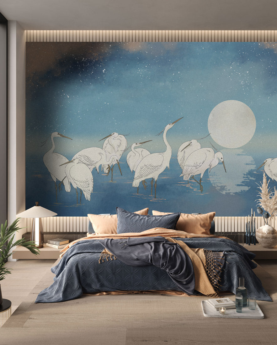 Starlit Egrets & Moon Mural Wallpaper in bedroom