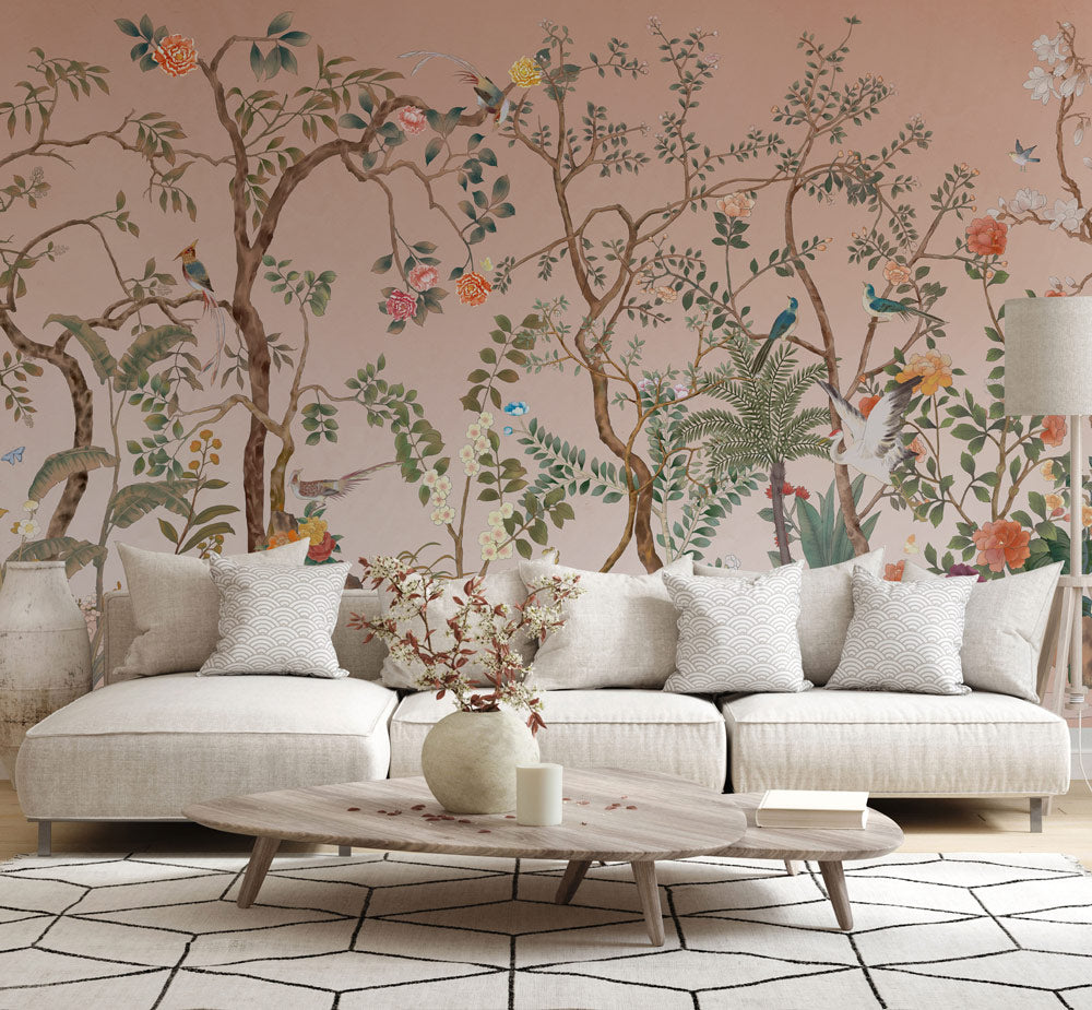 Peach Blossom Paradise Mural Wallpaper in living room
