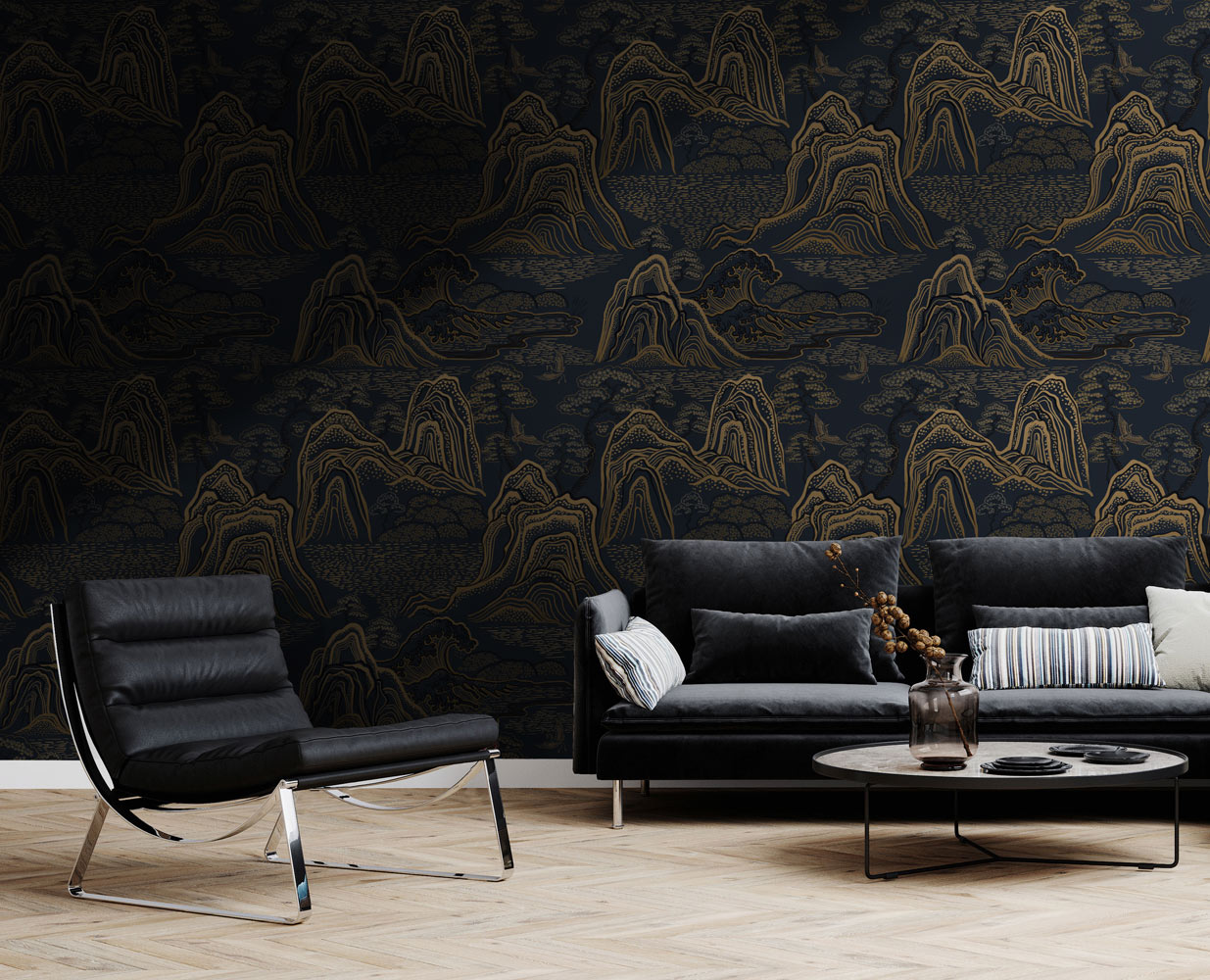 Midnight Golden Mountains Mural Wallpaper in living room