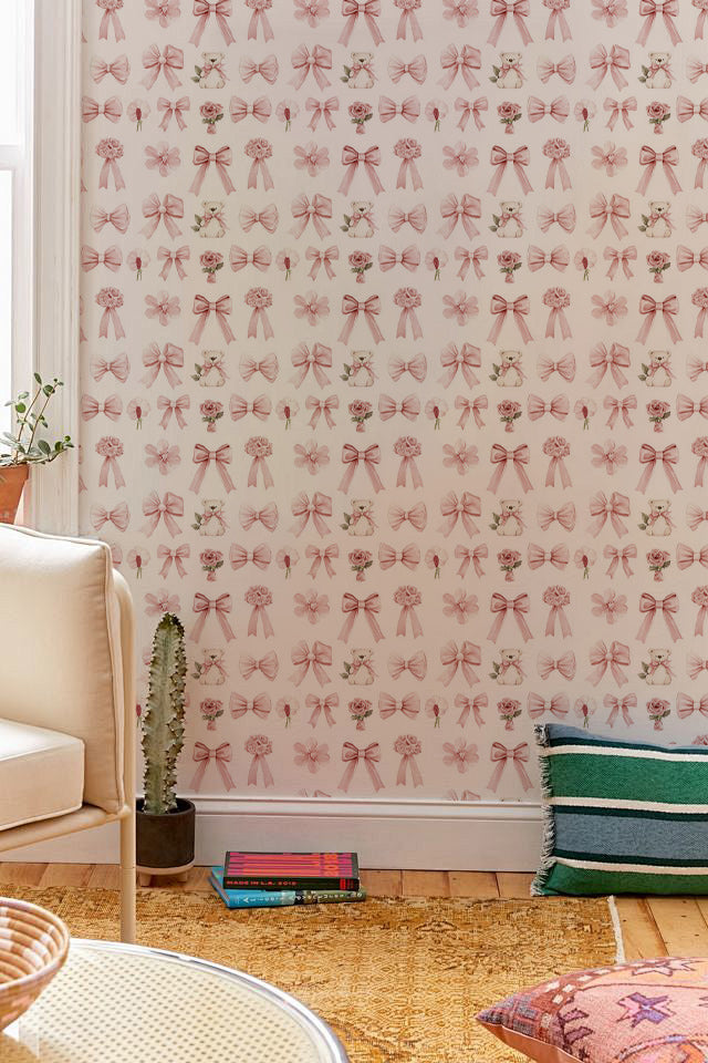 Whimsical Bows and Blooms Mural Wallpaper in living room
