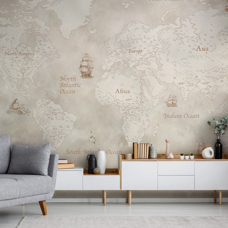 Vintage World Map Nautical Wallpaper in living room