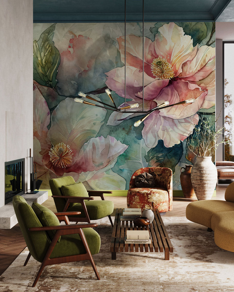 Elegant Watercolor Floral Art Wallpaper in living room