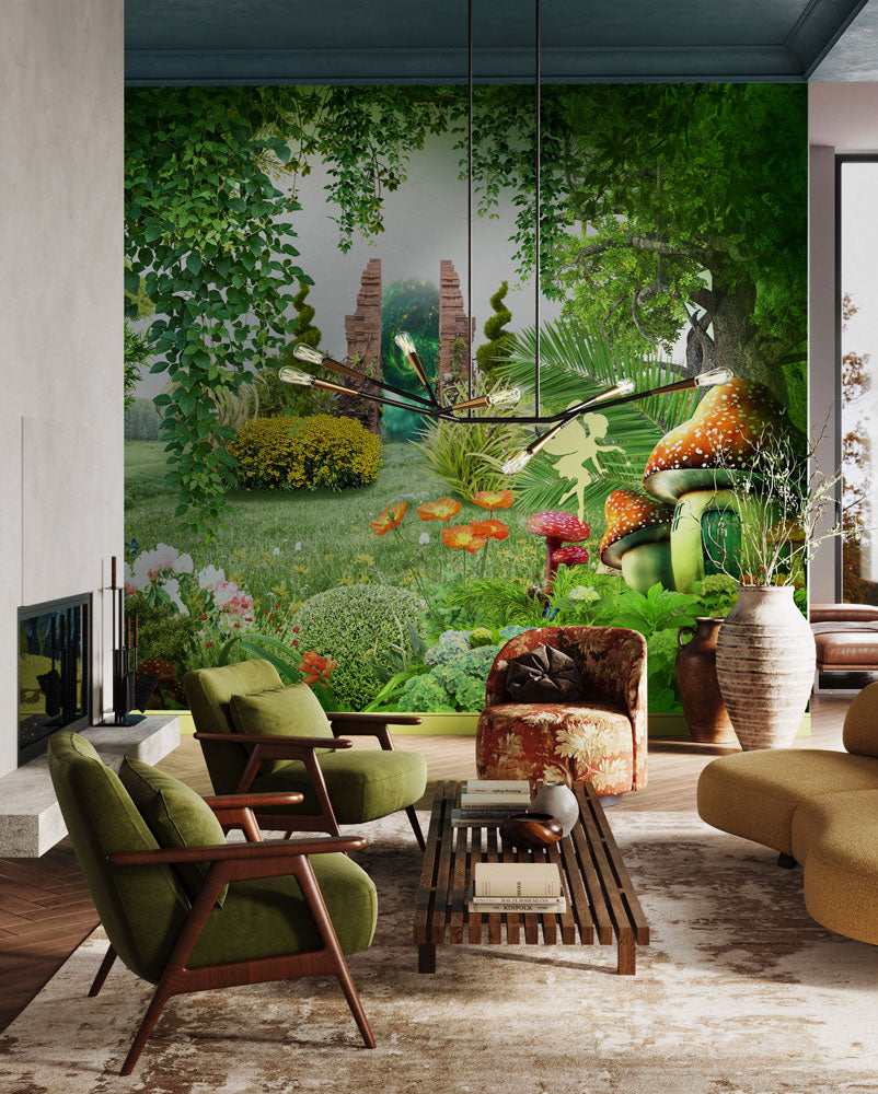 Enchanted Fairy Meadow Mural Wallpaper in living room