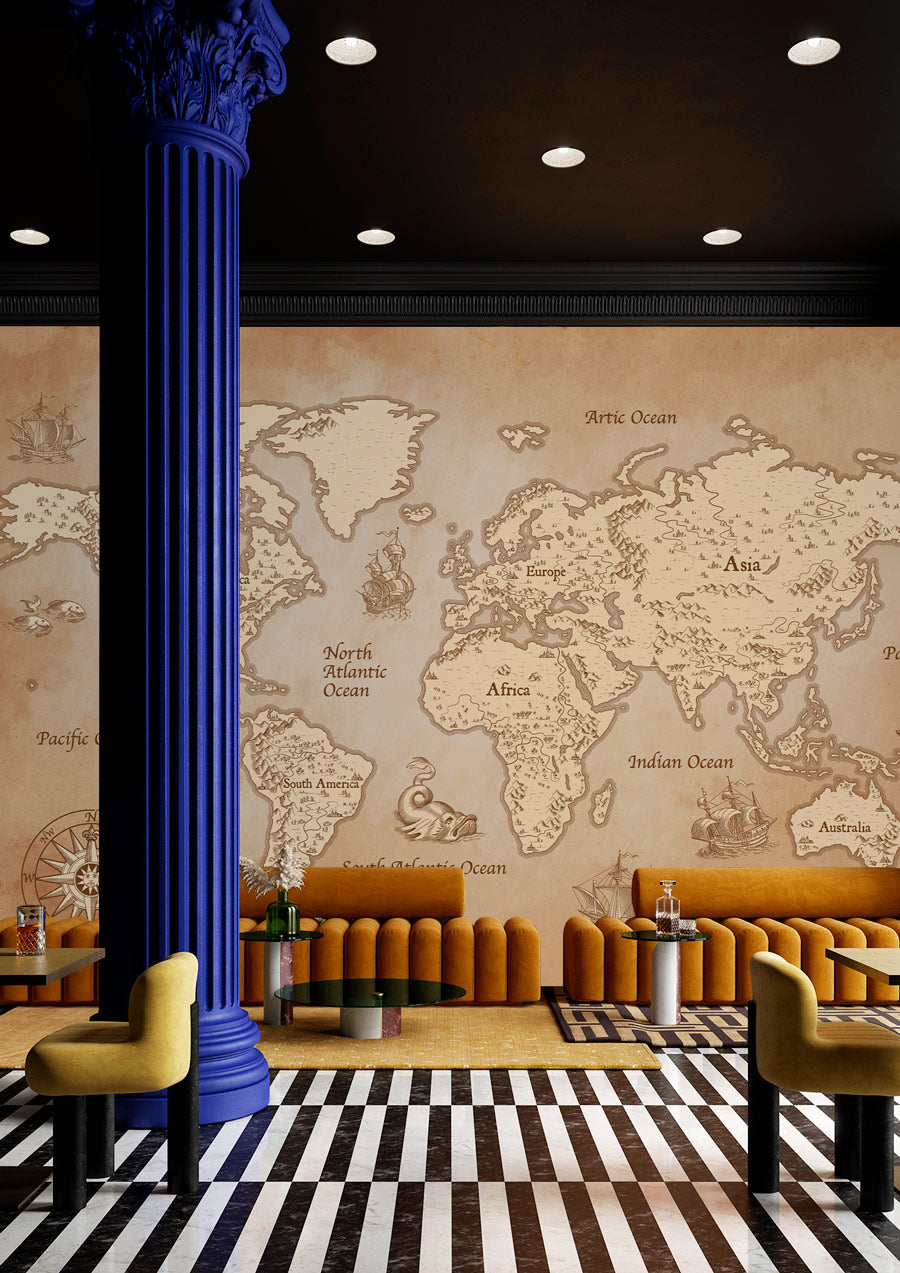 Vintage World Map Nautical Wallpaper in lounge