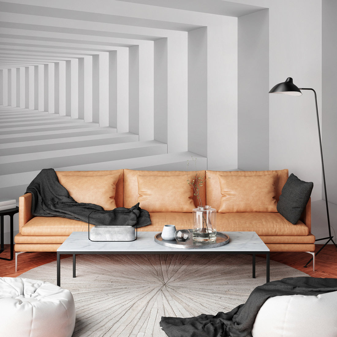 Geometric Depth Illusion Mural Wallpaper in living room