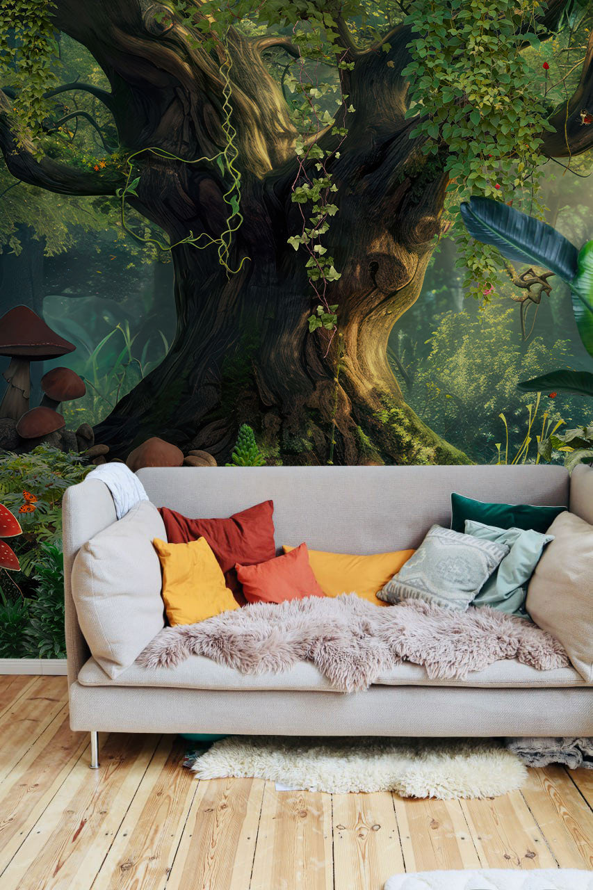 Mystical Forest Retreat Mural Wallpaper in living room