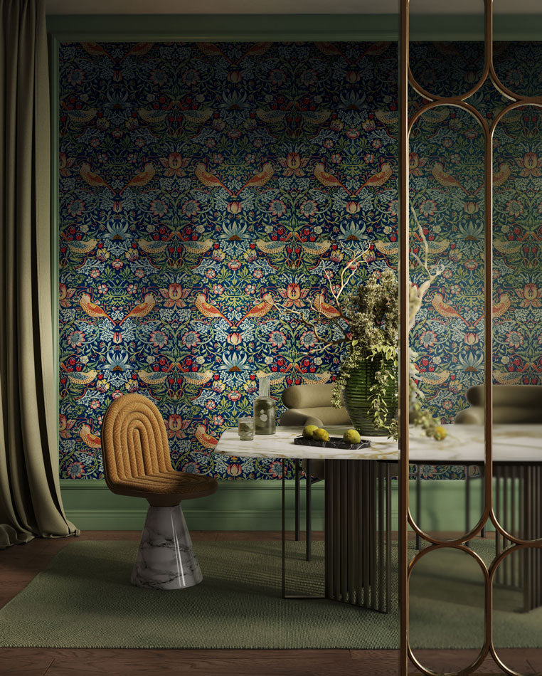 Ornate Songbird Symphony Mural Wallpaper in dining room